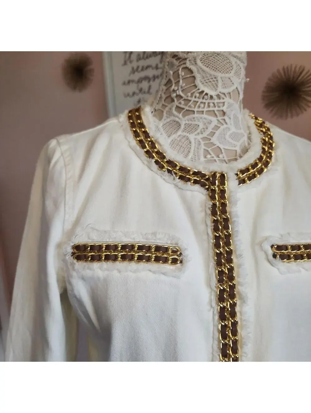 Michael Kors White Denim Jacket Gold Chain Trim Fringe Blazer 12